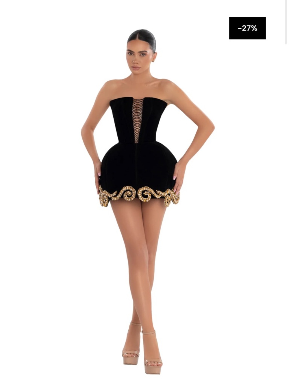 Strapless Black Mini Dress with Gold Scroll Hem